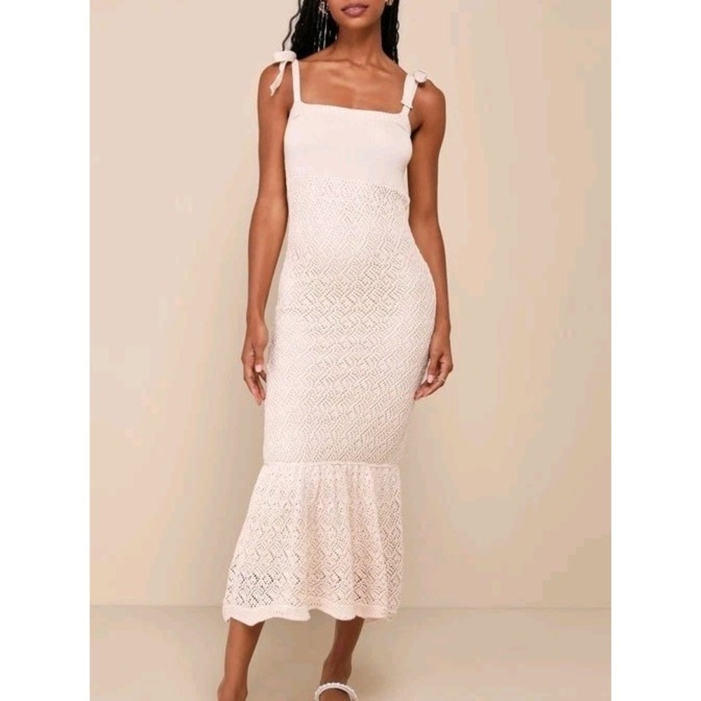 Lulus Cream Knit Tie Strap Maxi Dress Open Knit‎ Boho Mermaid NWT Medium